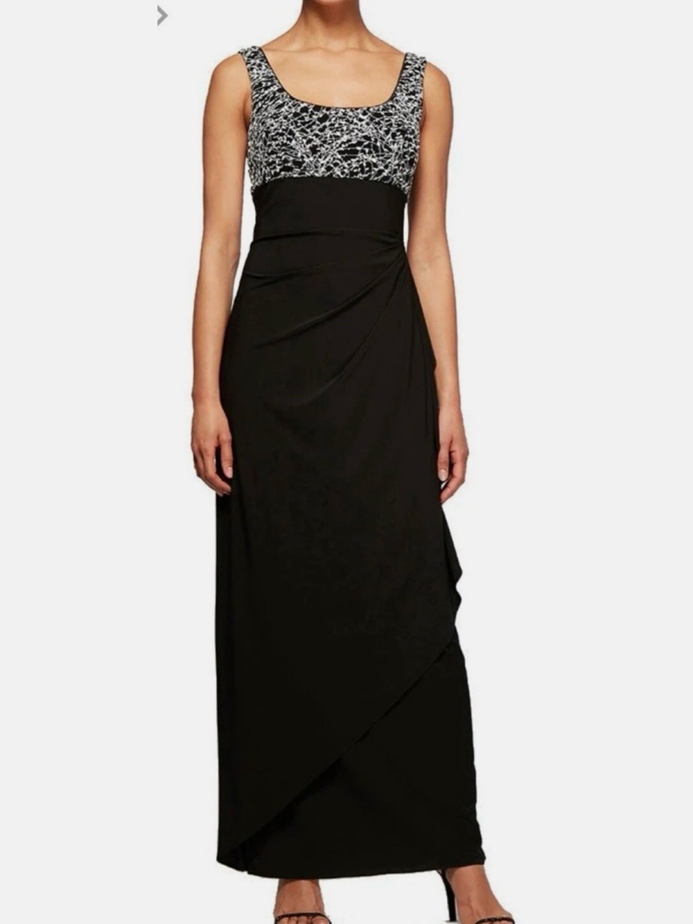 Alex Evenings Black Maxi Dress with Black-and-White Patterned Bodice